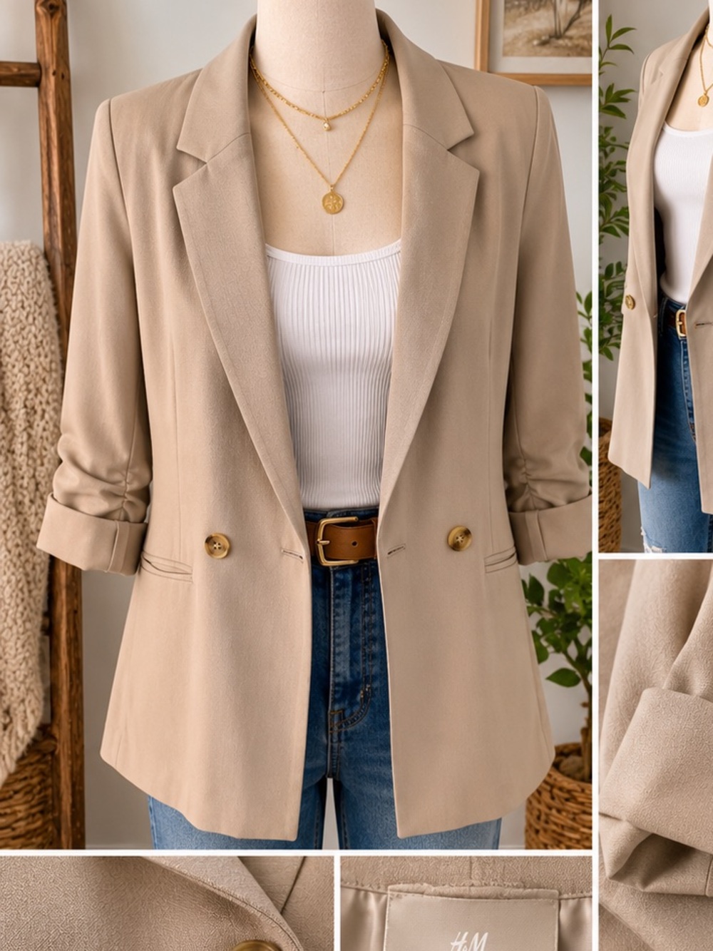 H&M Beige Double Breasted Blazer 3/4 Ruched Sleeve Women's XS